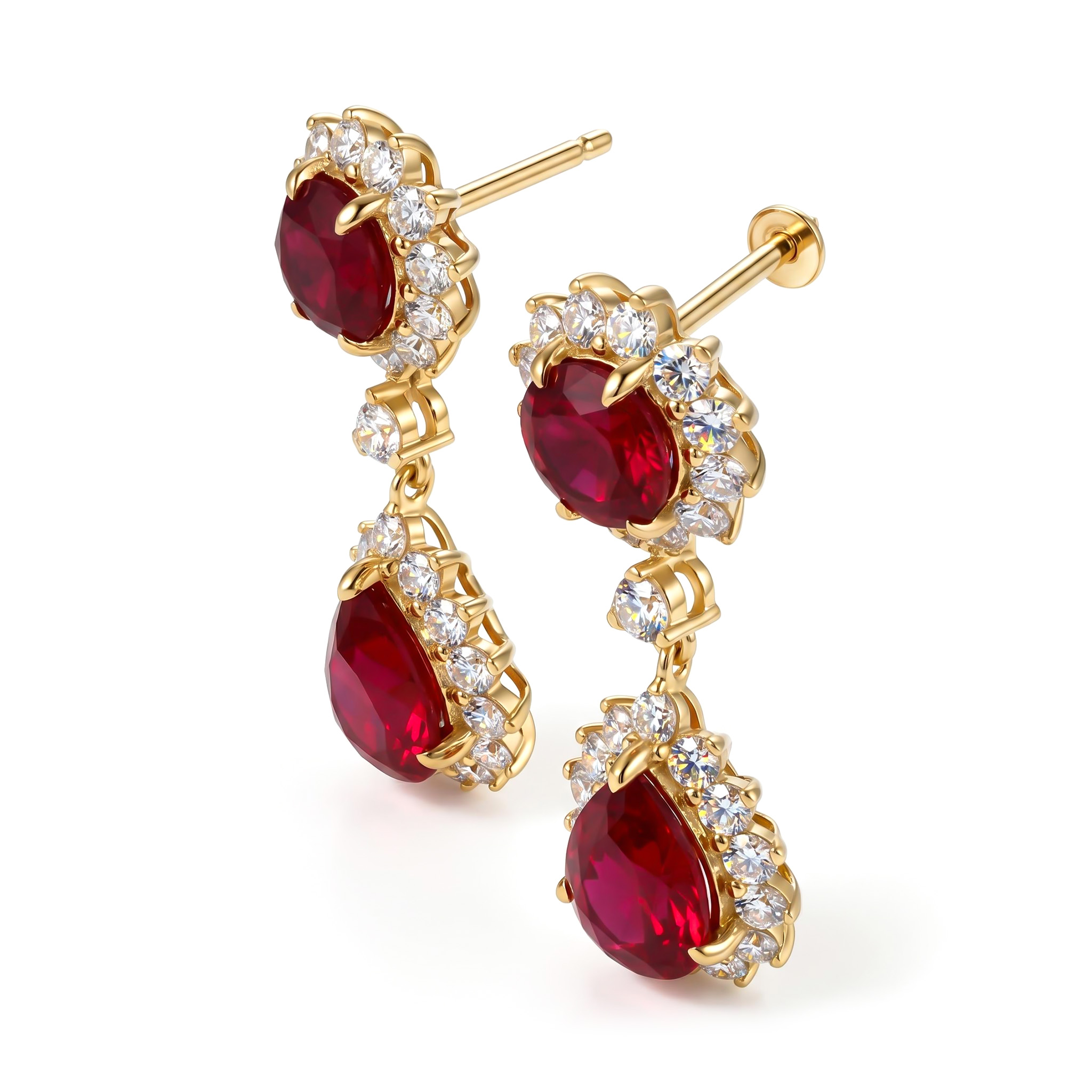S925 Silver Ruby Round & Pear Cut Dangle Drop Earrings