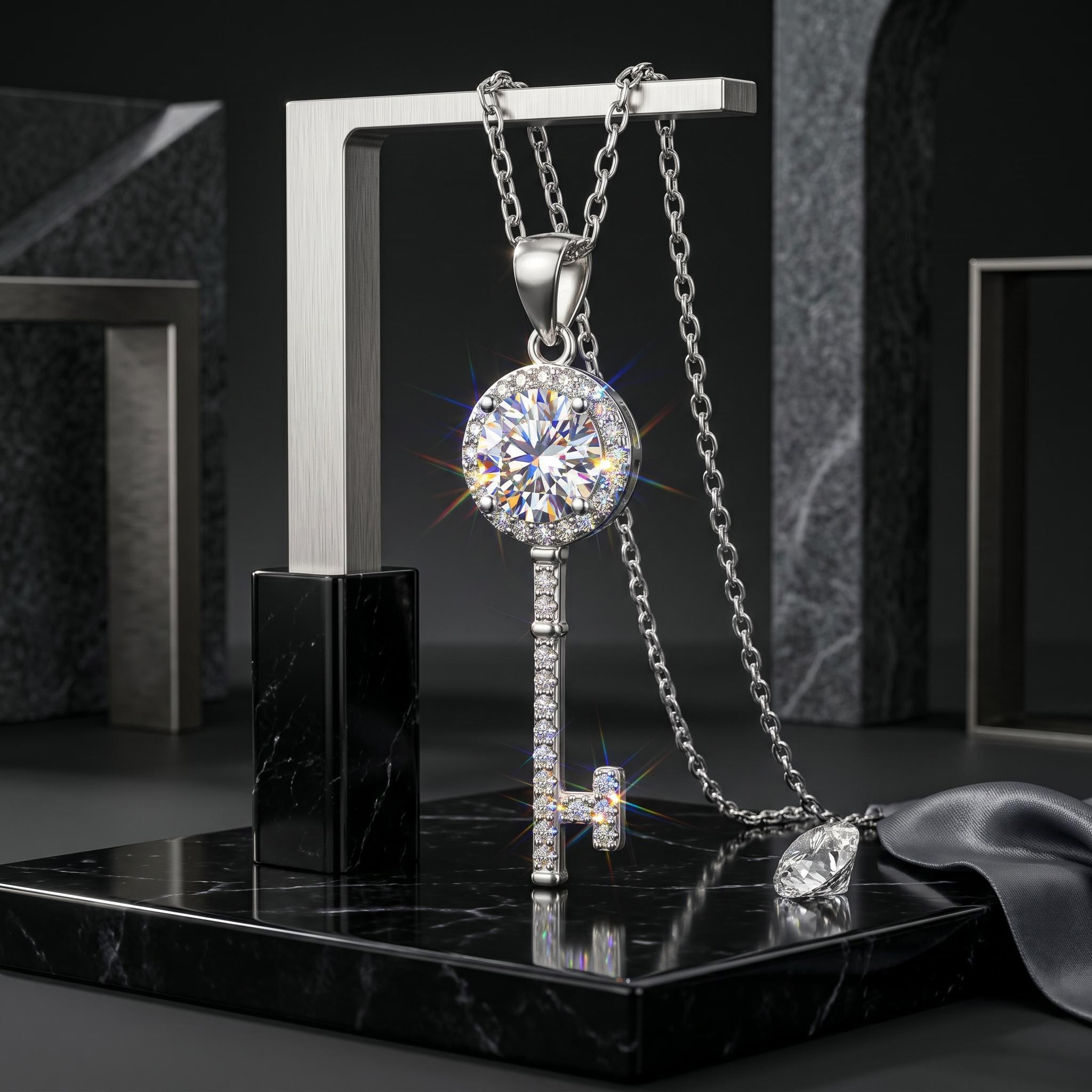 1CT/2CT VVS Moissanite S925 Silver Key Pendant Necklace 1CT/2CT VVS Moissanite S925 Silver Key Pendant Necklace