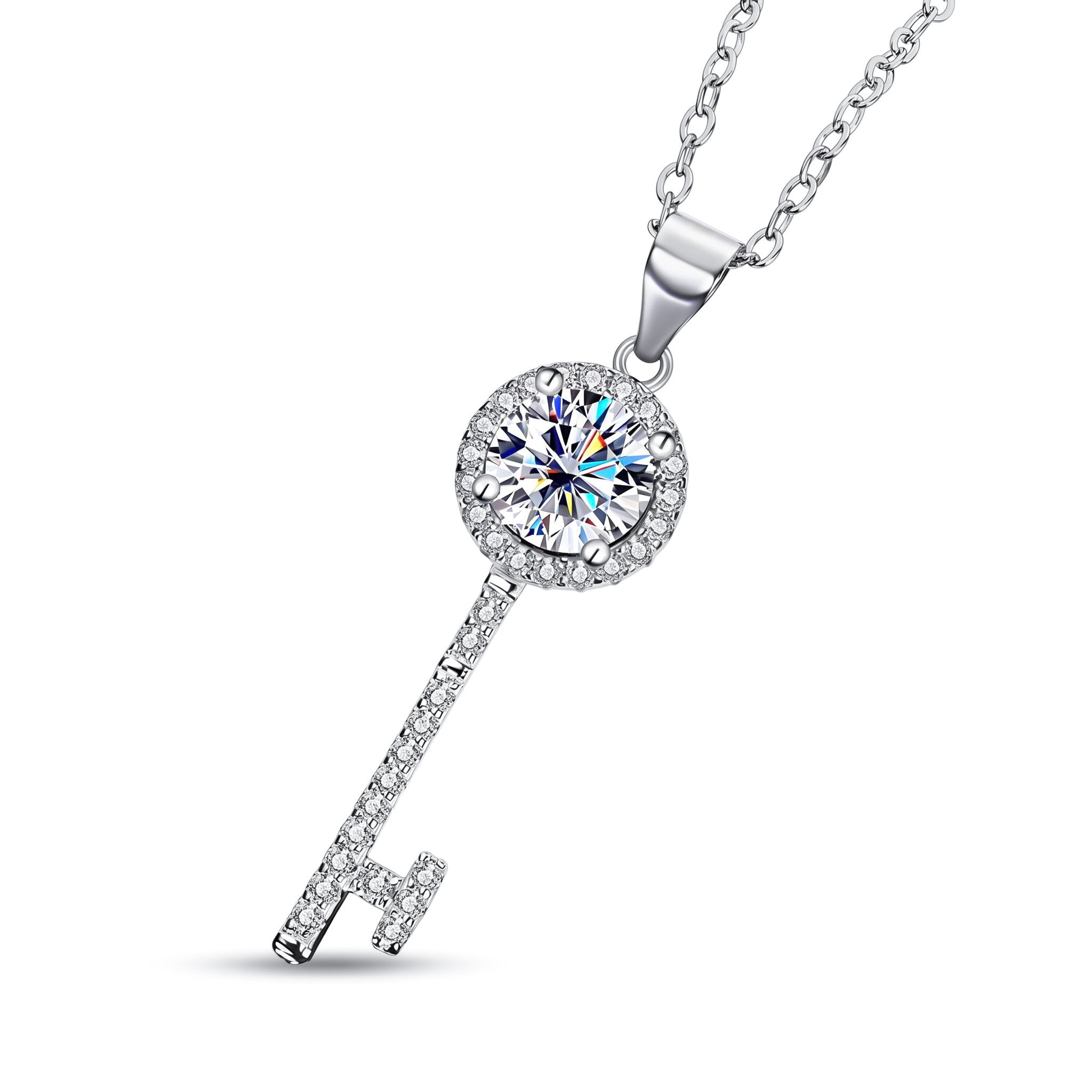 1CT/2CT VVS Moissanite S925 Silver Key Pendant Necklace 1CT/2CT VVS Moissanite S925 Silver Key Pendant Necklace