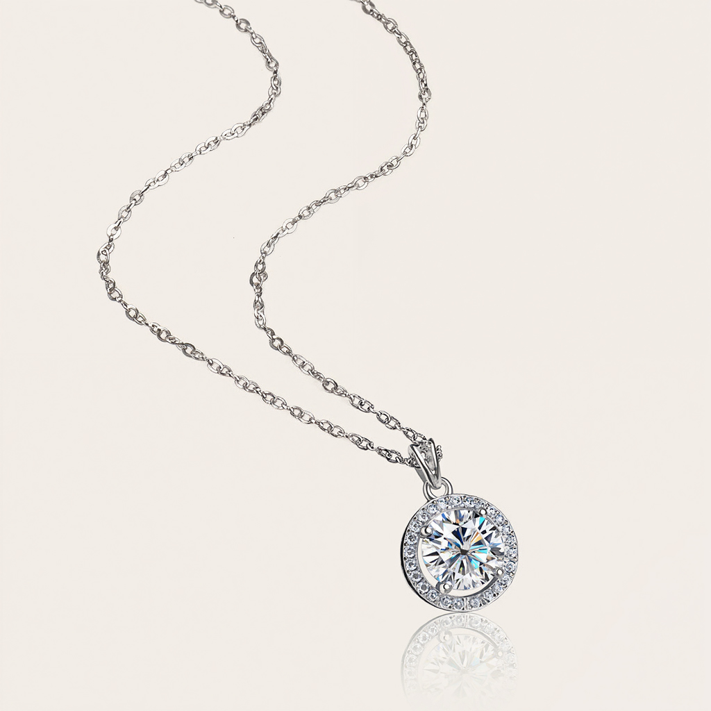 1CT/2CT Round Cut VVS Moissanite S925 Silver Halo Pendent Necklace