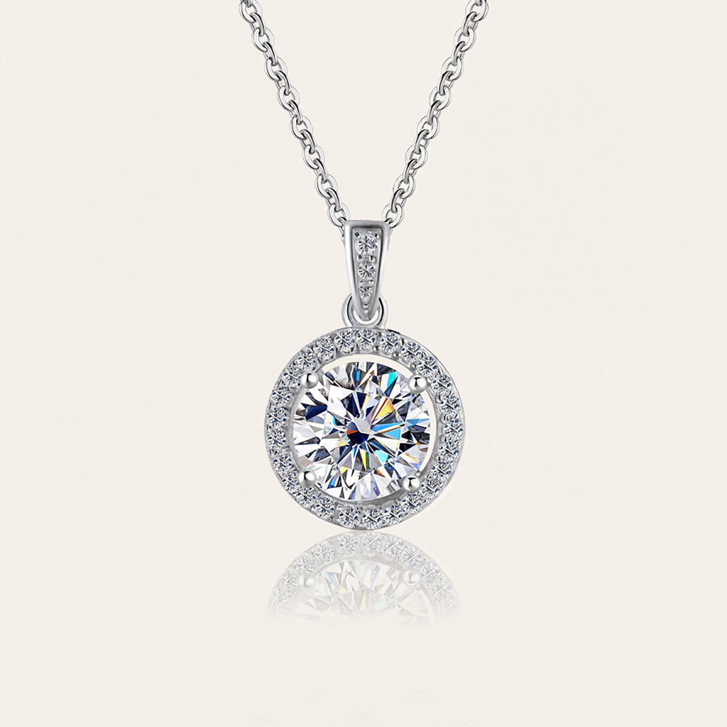 1CT/2CT Round Cut VVS Moissanite S925 Silver Halo Pendent Necklace