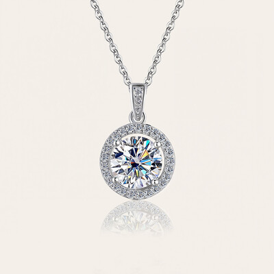 1CT/2CT Round Cut VVS Moissanite S925 Silver Halo Pendent Necklace