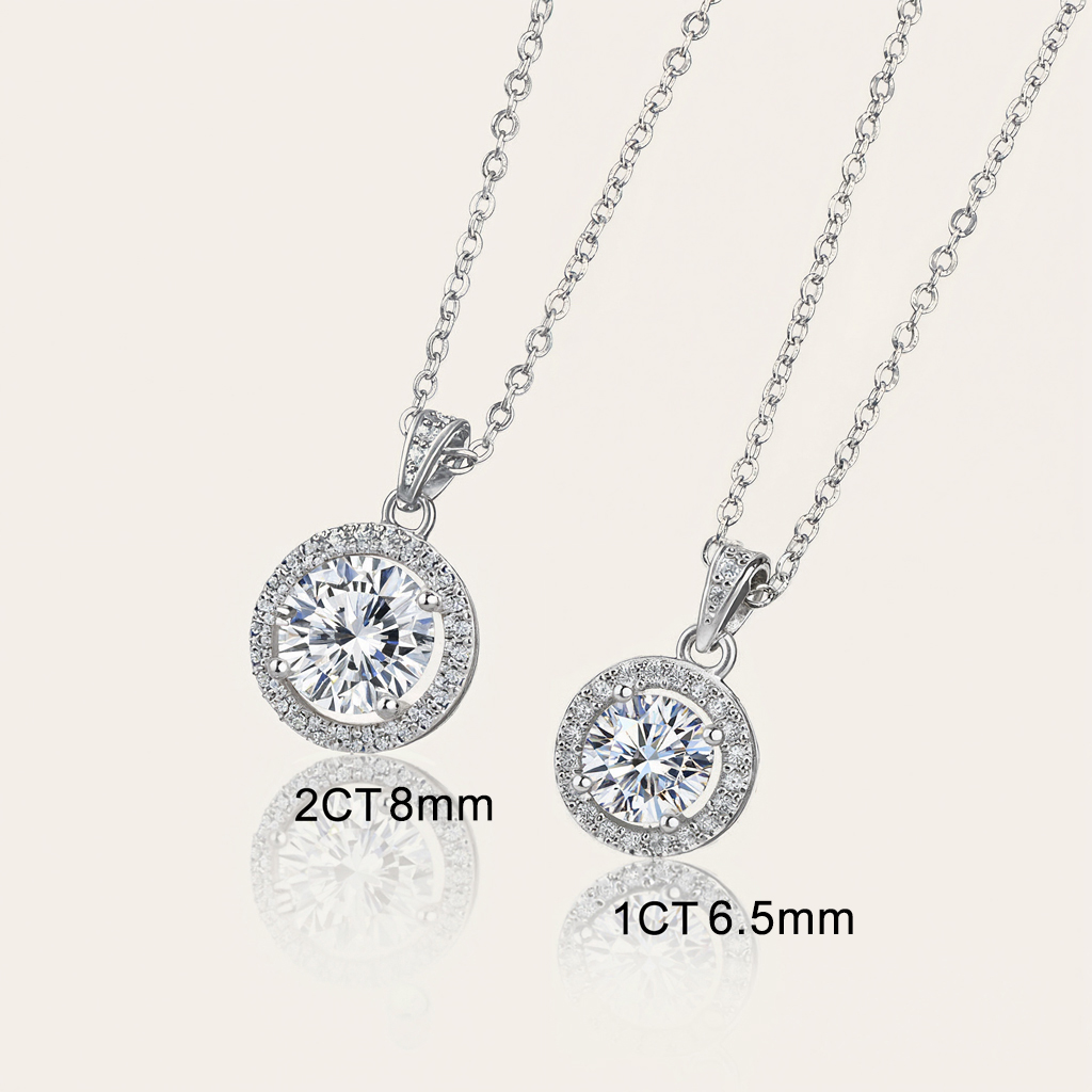 1CT/2CT Round Cut VVS Moissanite S925 Silver Halo Pendent Necklace