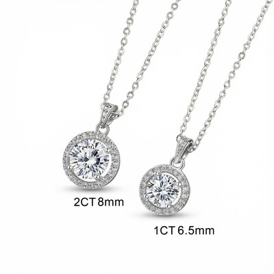 1CT/2CT Round Cut VVS Moissanite S925 Silver Halo Pendant Necklace