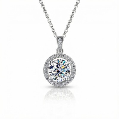 1CT/2CT Round Cut VVS Moissanite S925 Silver Halo Pendant Necklace