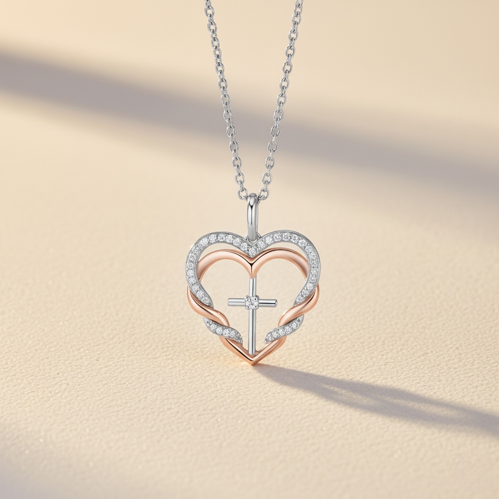 S925 Silver Double Heart & Cross Diamond Pendant Necklace