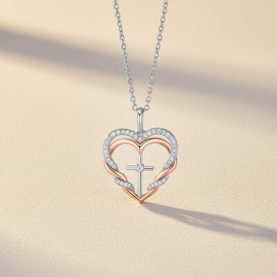 S925 Silver Double Heart & Cross Diamond Pendant Necklace