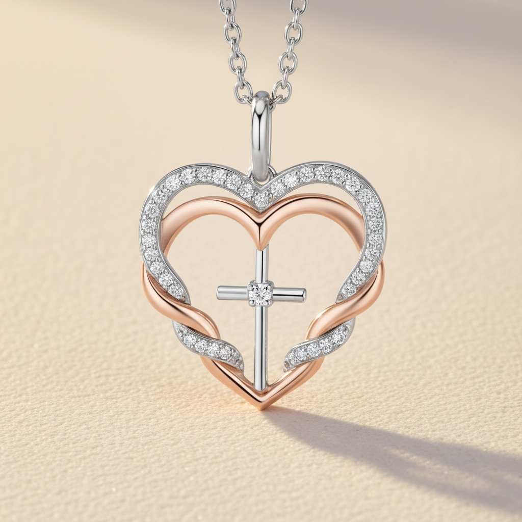 S925 Silver Double Heart & Cross Diamond Pendant Necklace