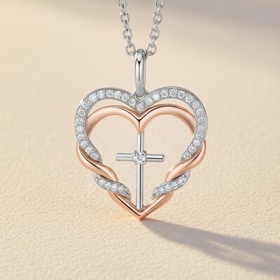 S925 Silver Double Heart & Cross Diamond Pendant Necklace