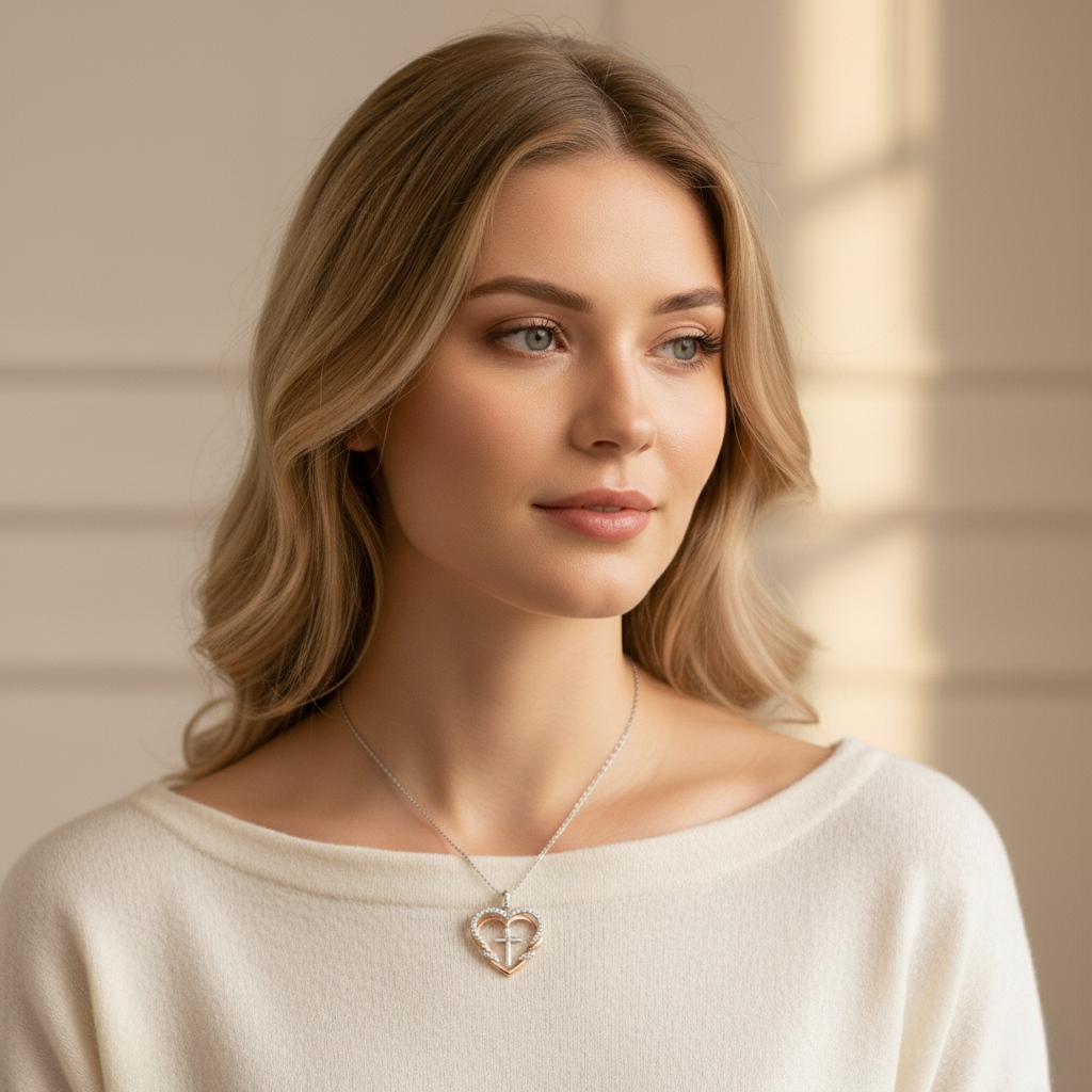 S925 Silver Double Heart & Cross Diamond Pendant Necklace