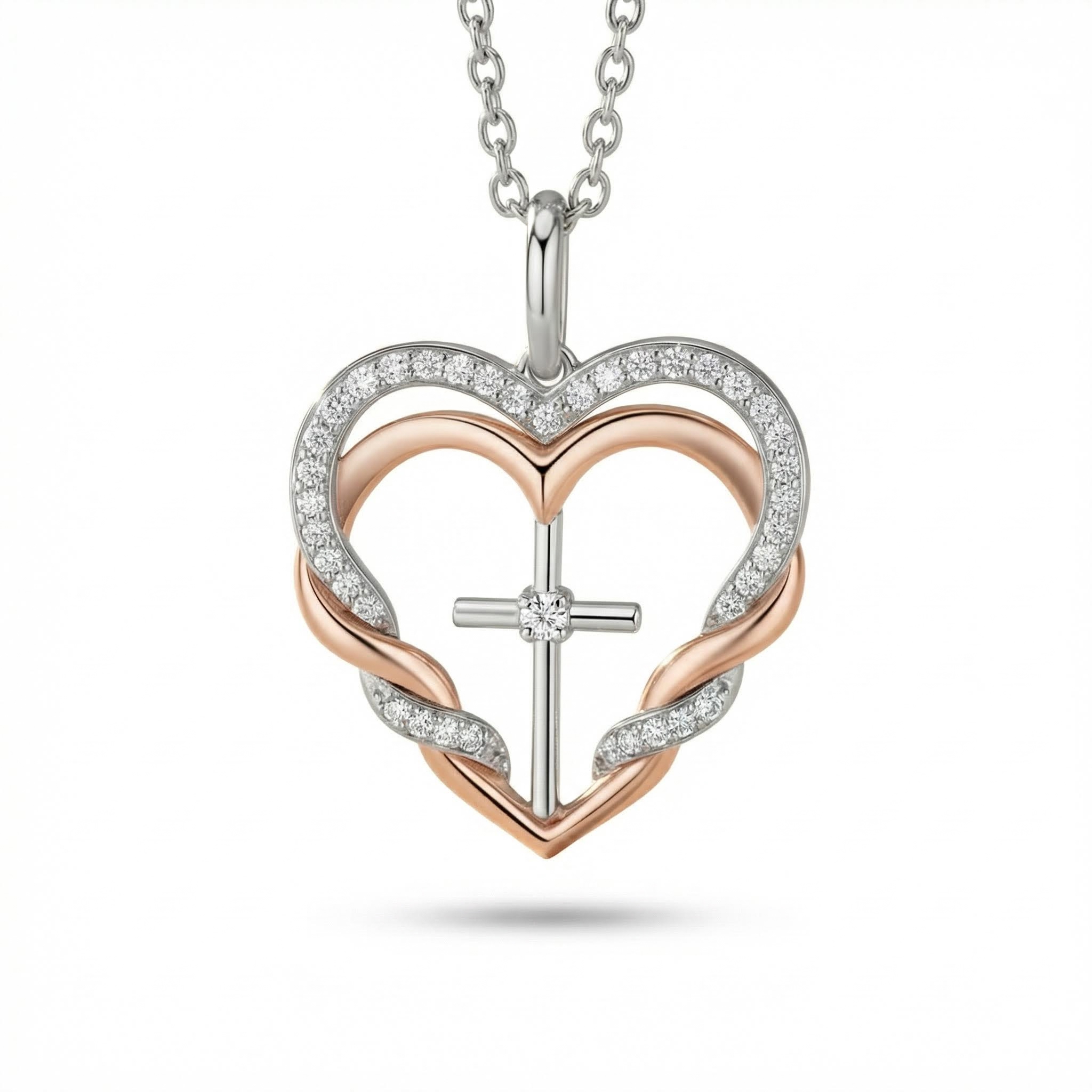 S925 Silver Double Heart & Cross Diamond Pendant Necklace