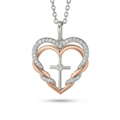 S925 Silver Double Heart & Cross Diamond Pendant Necklace