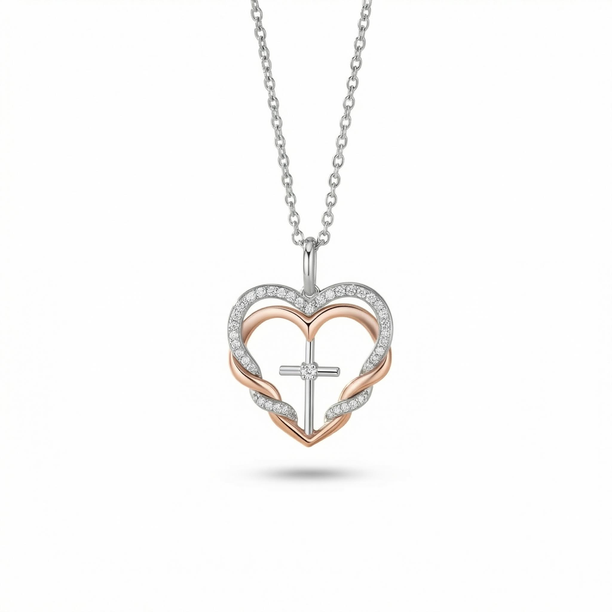 S925 Silver Double Heart & Cross Diamond Pendant Necklace