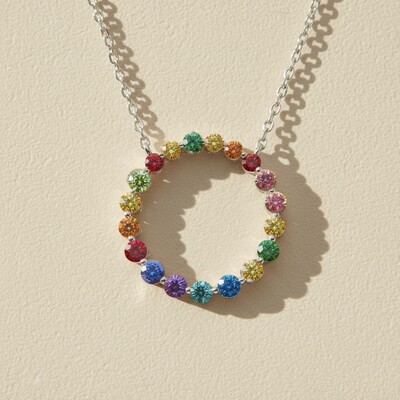 S925 Silver Multicolor Round Diamond Pendant Necklace