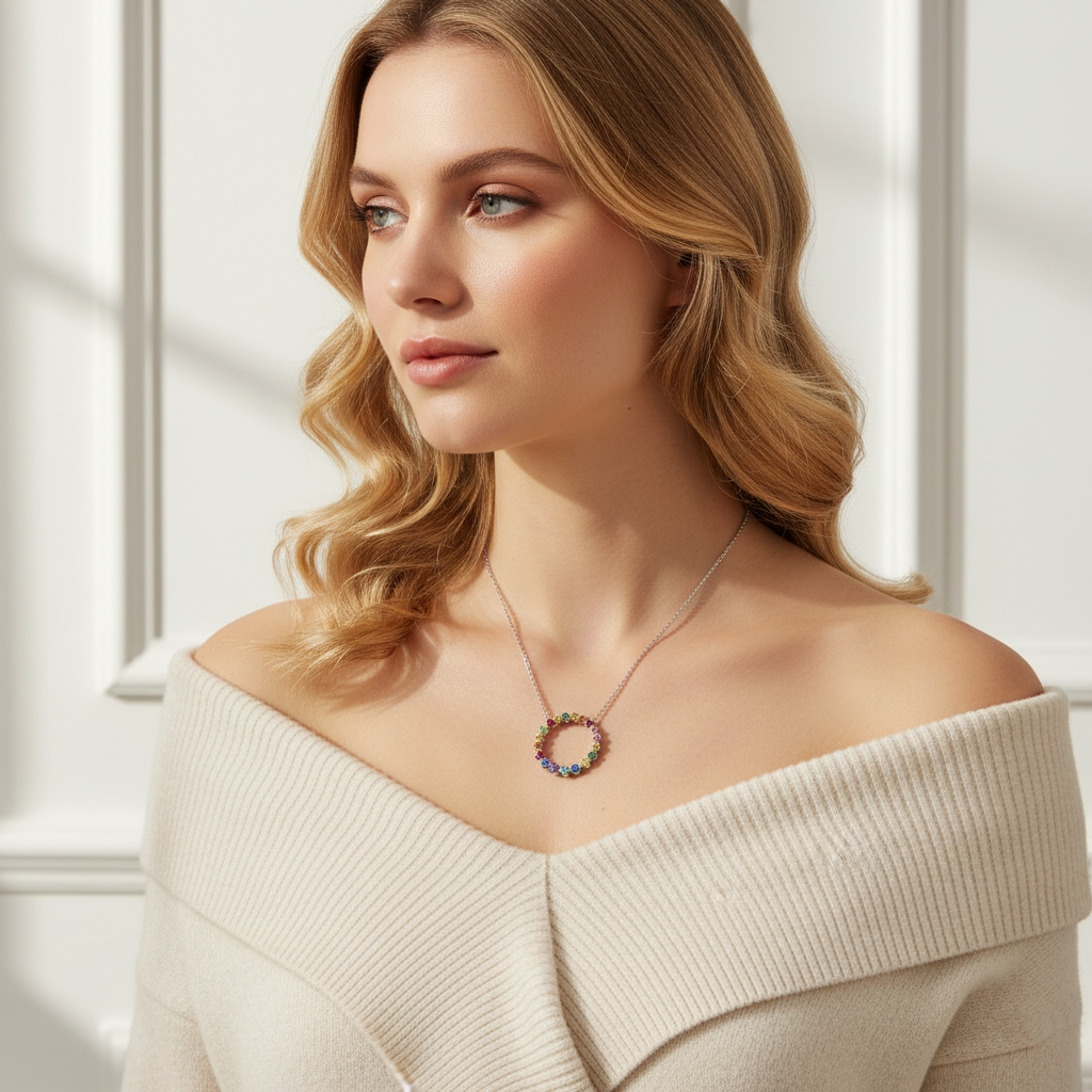 S925 Silver Multicolor Round Diamond Pendant Necklace S925 Silver Multicolor Round Diamond Pendant Necklace