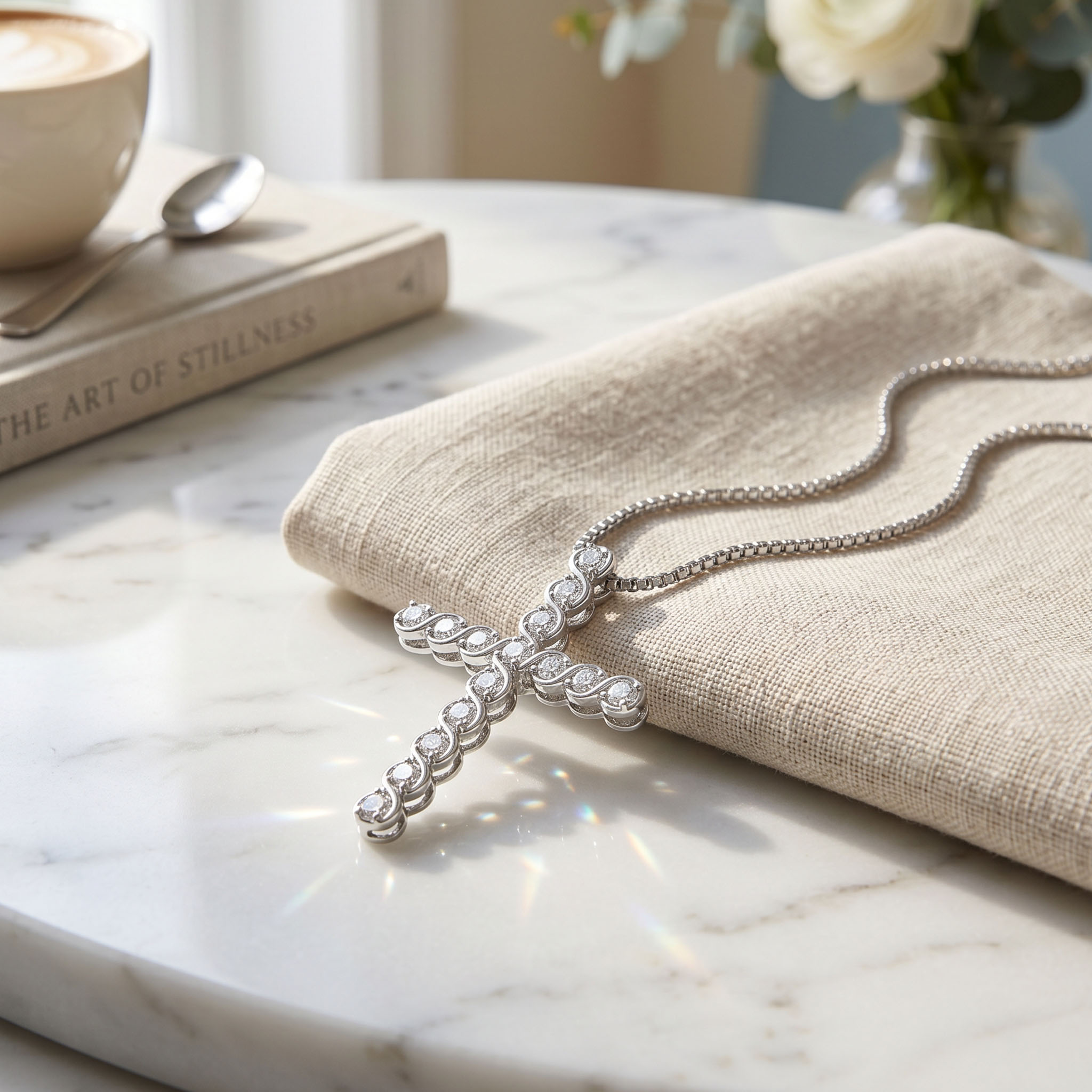 S925 Silver Faithful Cross Full Diamond Pendant Necklace