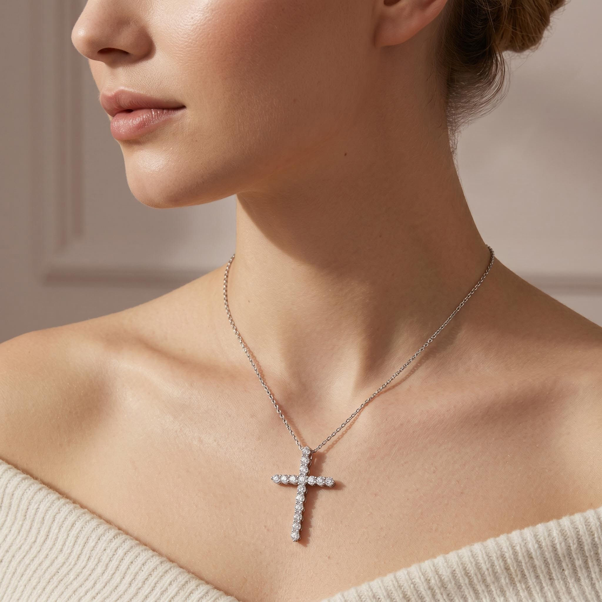 S925 Silver Faithful Cross Full Diamond Pendant Necklace