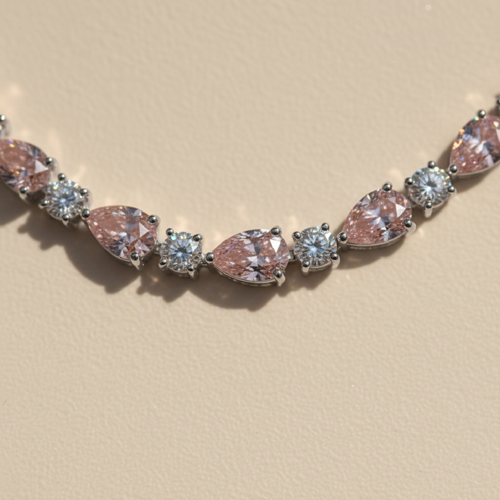 S925 Silver Pink Pear Cut and Round Diamond Tennis Necklace