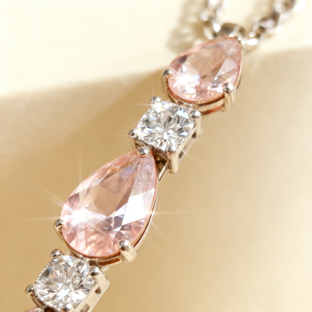 S925 Silver Pink Pear Cut and Round Diamond Tennis Necklace
