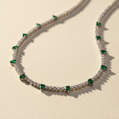 4mm S925 Silver Emerald Pear and Round Diamond Tennis Necklace