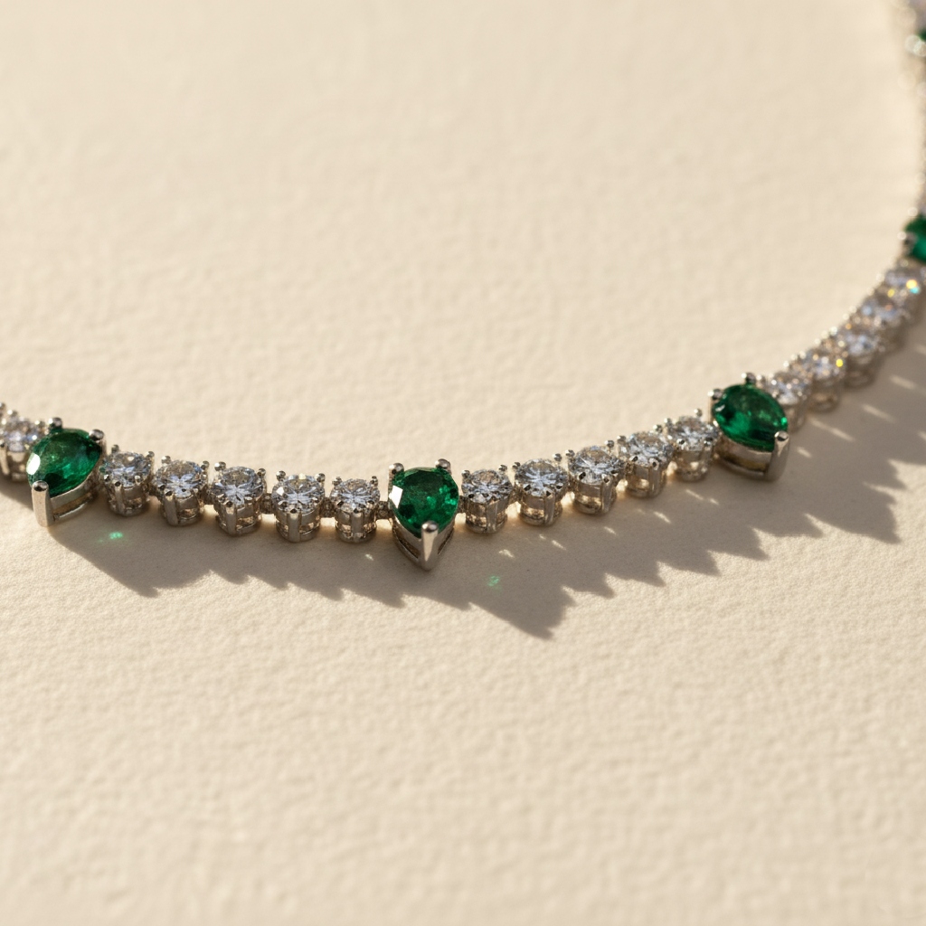 4mm S925 Silver Emerald Pear and Round Diamond Tennis Necklace