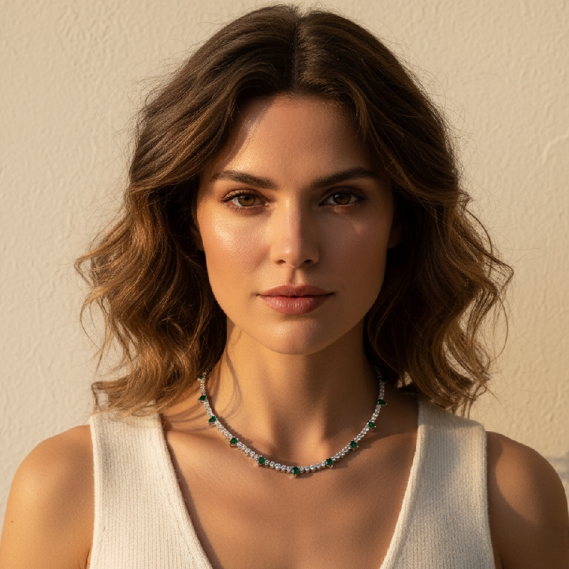4mm S925 Silver Emerald Pear and Round Diamond Tennis Necklace