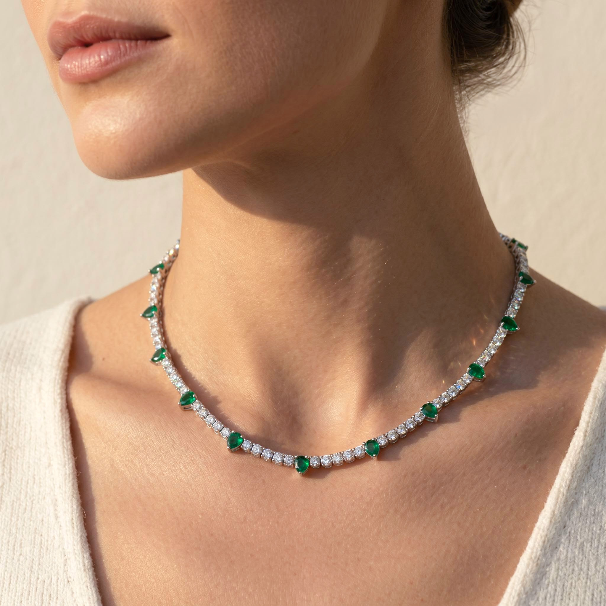 4mm S925 Silver Emerald Pear and Round Diamond Tennis Necklace