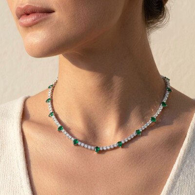4mm S925 Silver Emerald Pear and Round Diamond Tennis Necklace