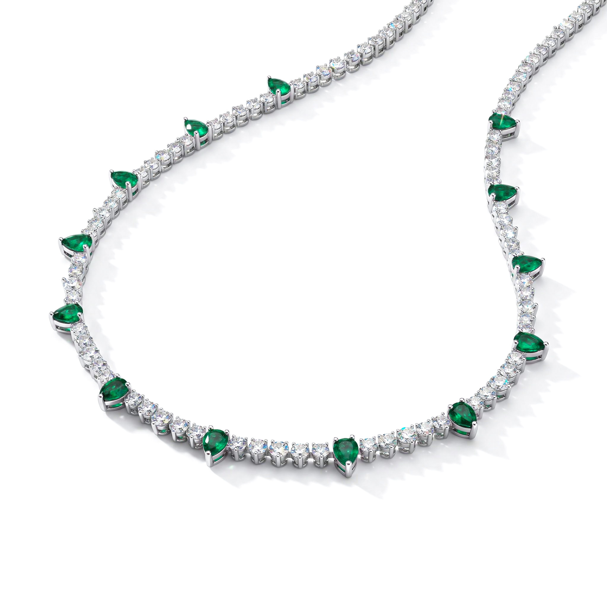 4mm S925 Silver Emerald Pear and Round Diamond Tennis Necklace