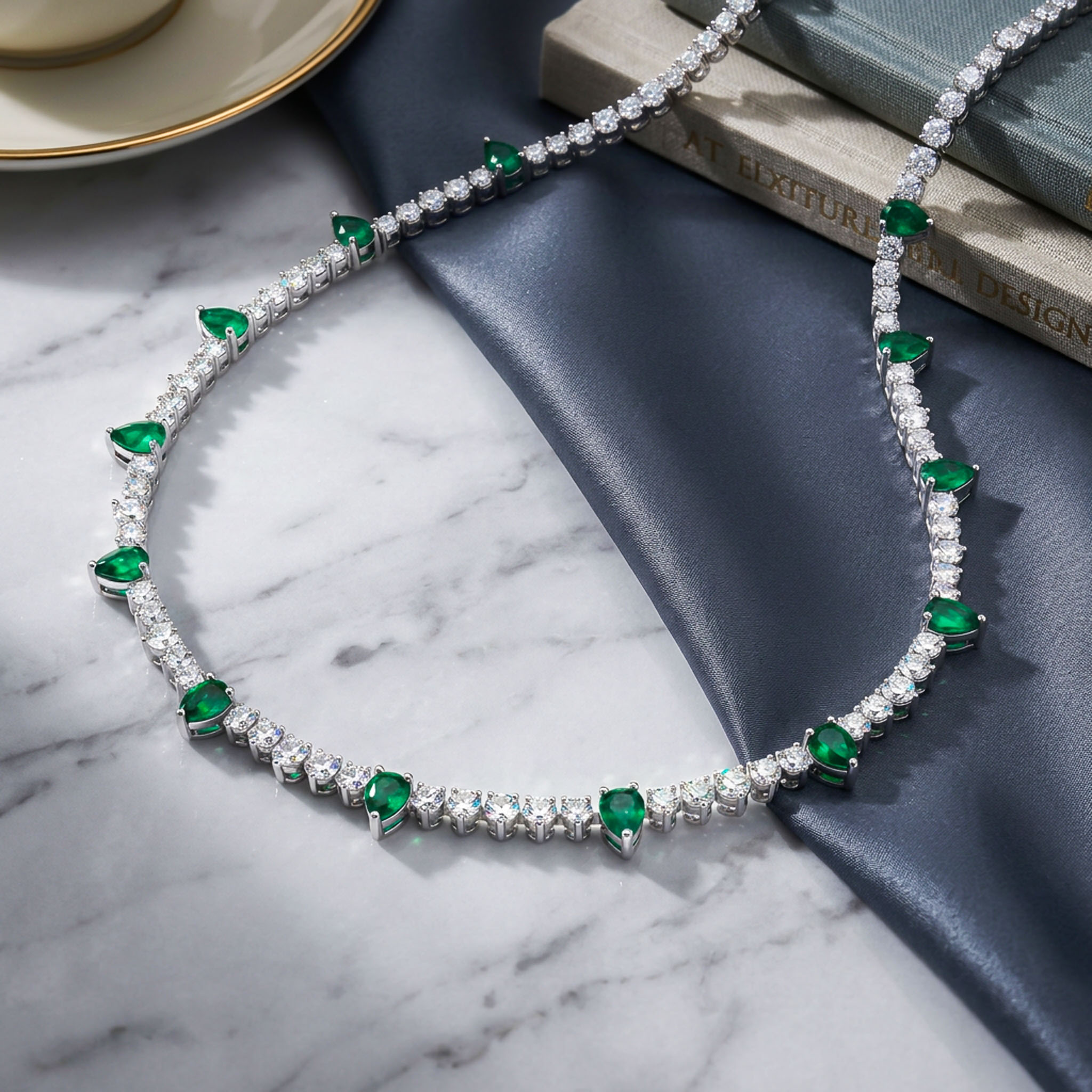 4mm S925 Silver Emerald Pear and Round Diamond Tennis Necklace