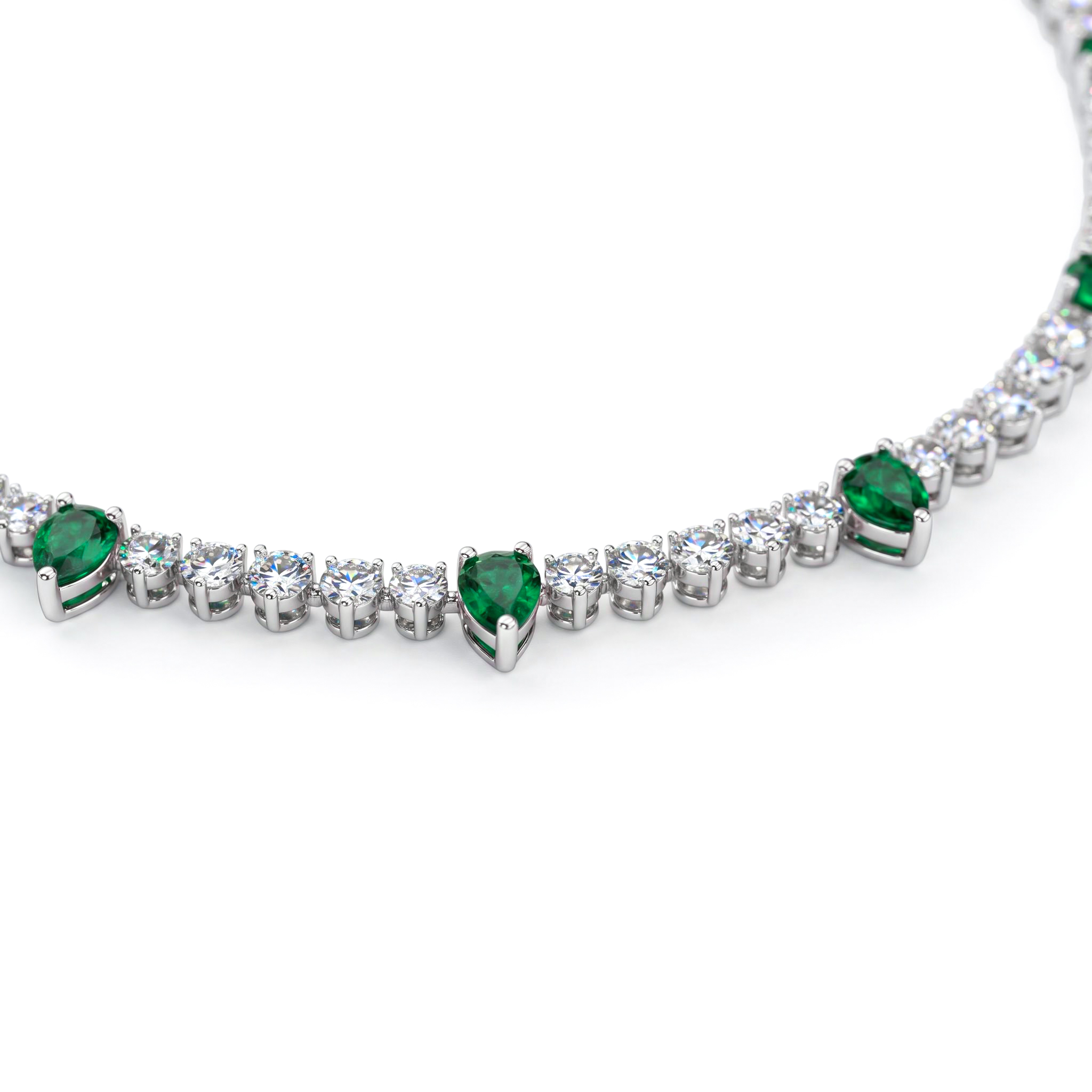 4mm S925 Silver Emerald Pear and Round Diamond Tennis Necklace