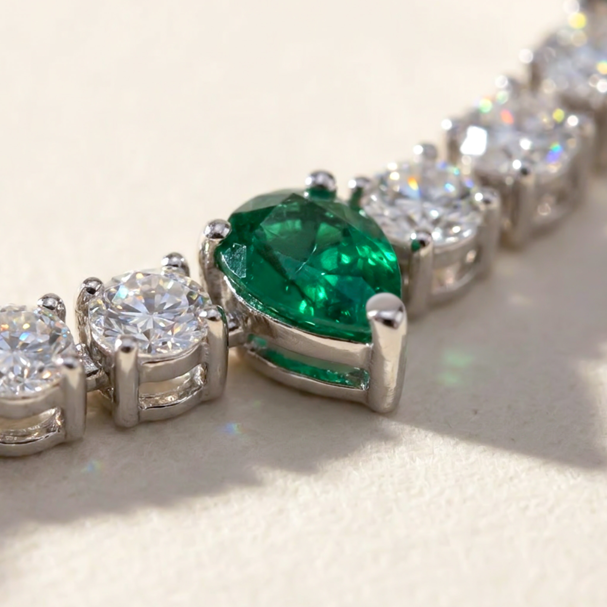4mm S925 Silver Emerald Pear and Round Diamond Tennis Necklace