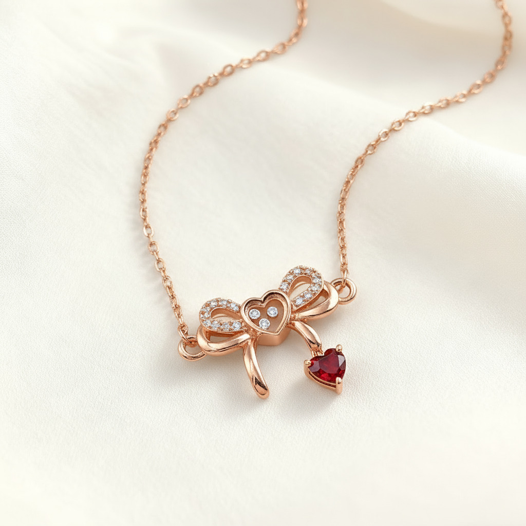 Customized Heart-Shaped Birthstone Dancing Diamonds Bow Necklace