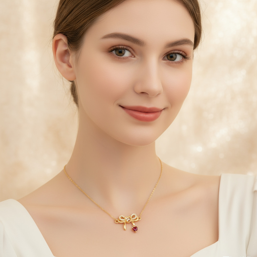 Customized Heart-Shaped Birthstone Dancing Diamonds Bow Necklace