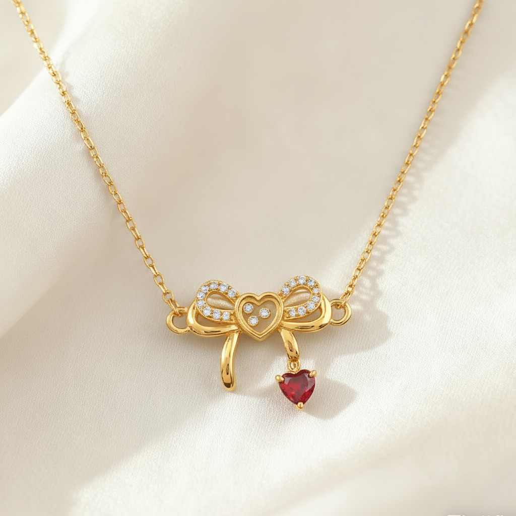 Customized Heart-Shaped Birthstone Dancing Diamonds Bow Necklace