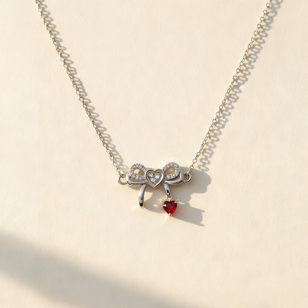 Customized Heart-Shaped Birthstone Dancing Diamonds Bow Necklace