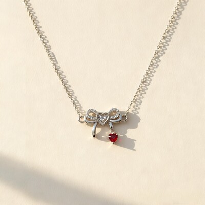 Customized Heart-Shaped Birthstone Dancing Diamonds Bow Necklace