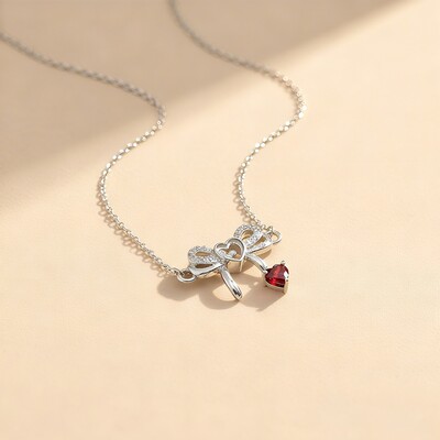 Customized Heart-Shaped Birthstone Dancing Diamonds Bow Necklace