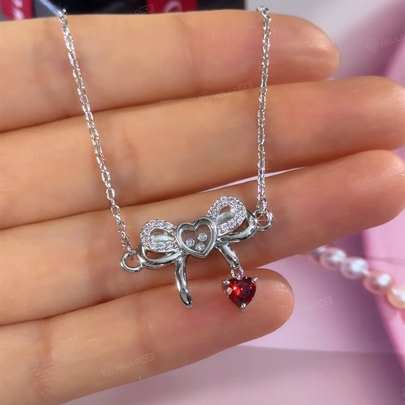 Customized Heart-Shaped Birthstone Dancing Diamonds Bow Necklace
