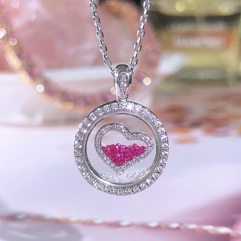 S925 Silver Round Shape Ruby Heart Dancing Diamonds Pendent Necklace