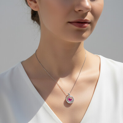 S925 Silver Round Shape Ruby Heart Dancing Diamonds Pendent Necklace