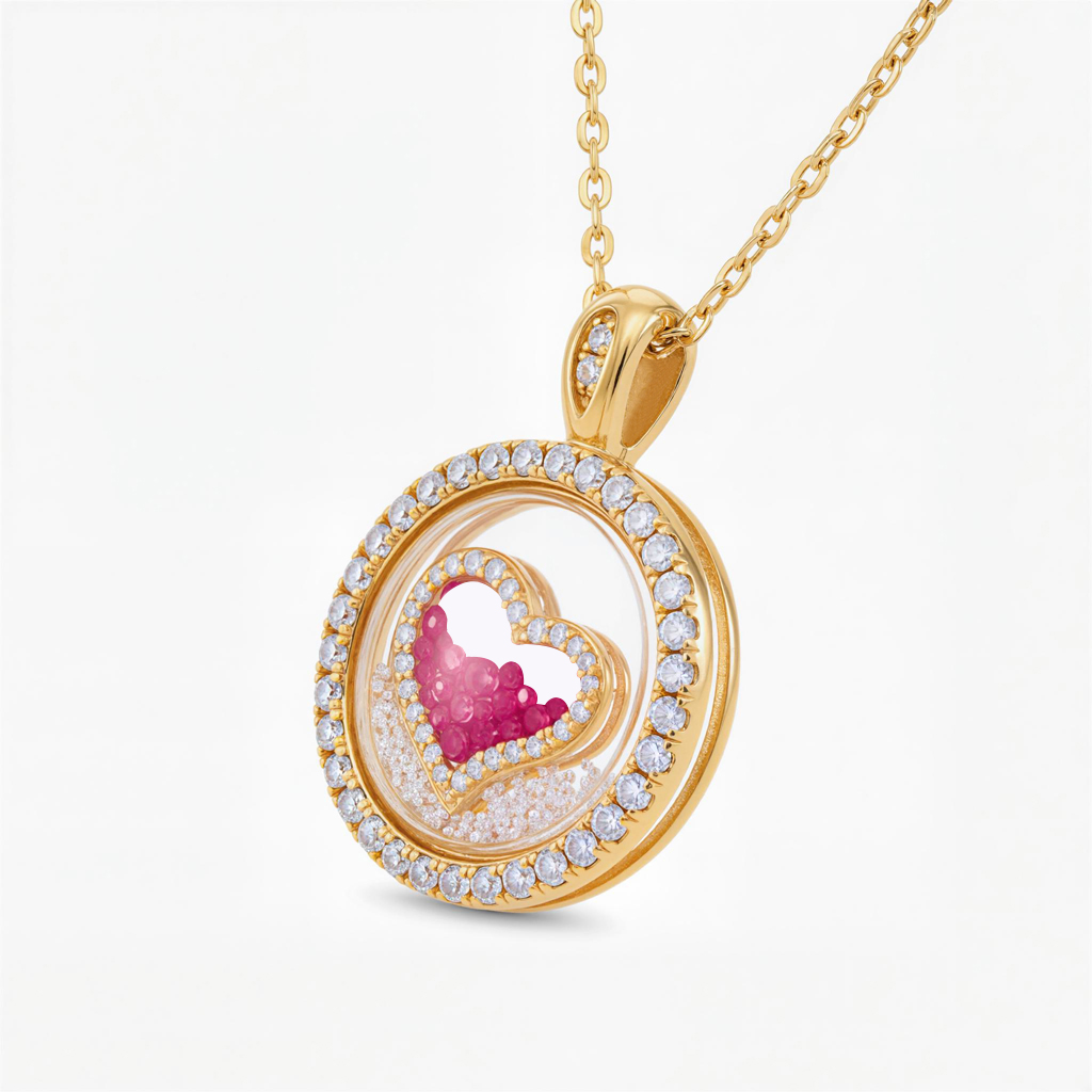S925 Silver Round Shape Ruby Heart Dancing Diamonds Pendent Necklace