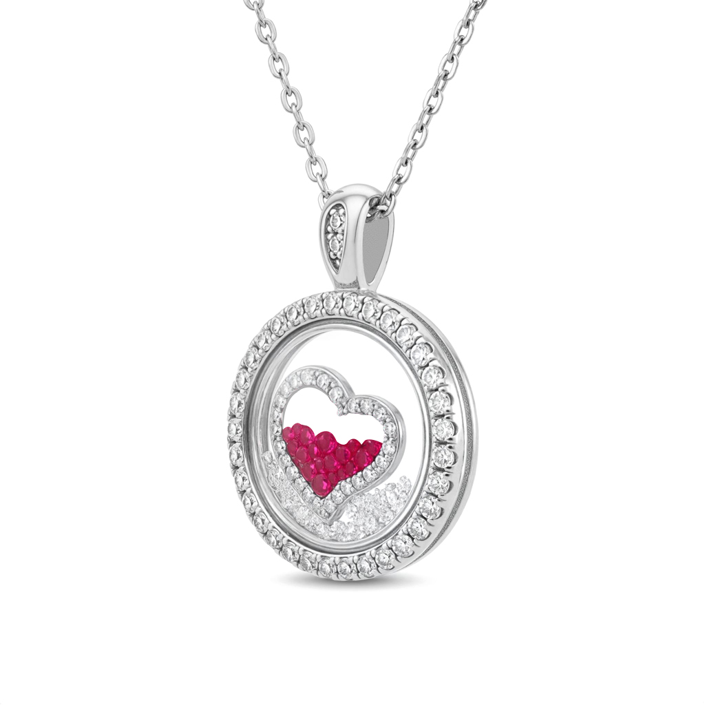 S925 Silver Round Shape Ruby Heart Dancing Diamonds Pendent Necklace