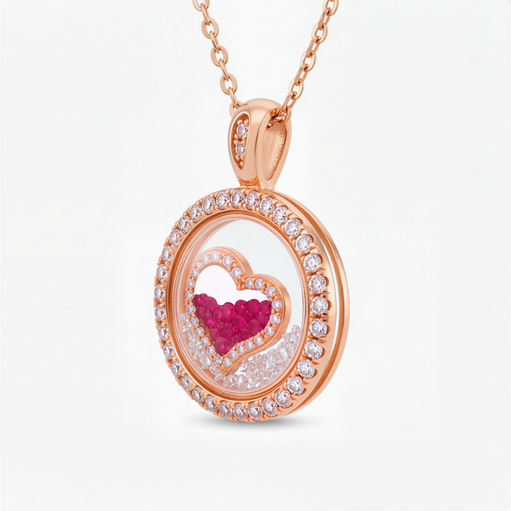 S925 Silver Round Shape Ruby Heart Dancing Diamonds Pendent Necklace