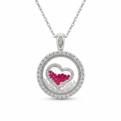S925 Silver Round Shape Ruby Heart Dancing Diamonds Pendant Necklace