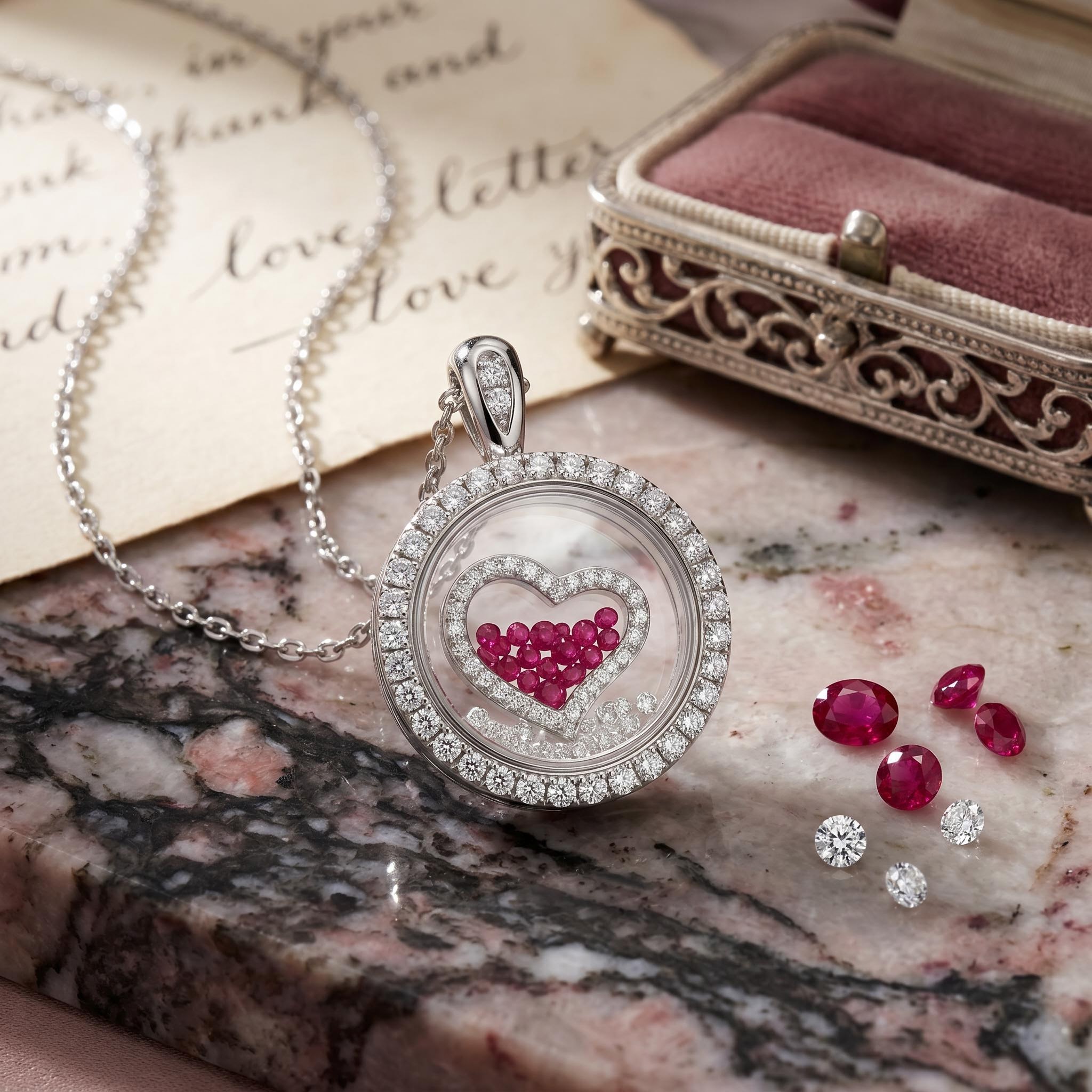 S925 Silver Round Shape Ruby Heart Dancing Diamonds Pendant Necklace S925 Silver Round Shape Ruby Heart Dancing Diamonds Pendant Necklace