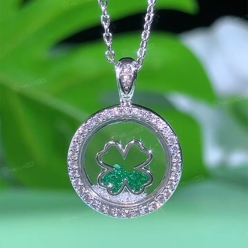 S925 Silver Round Shape Green Clover Dancing Diamonds Pendent Necklace