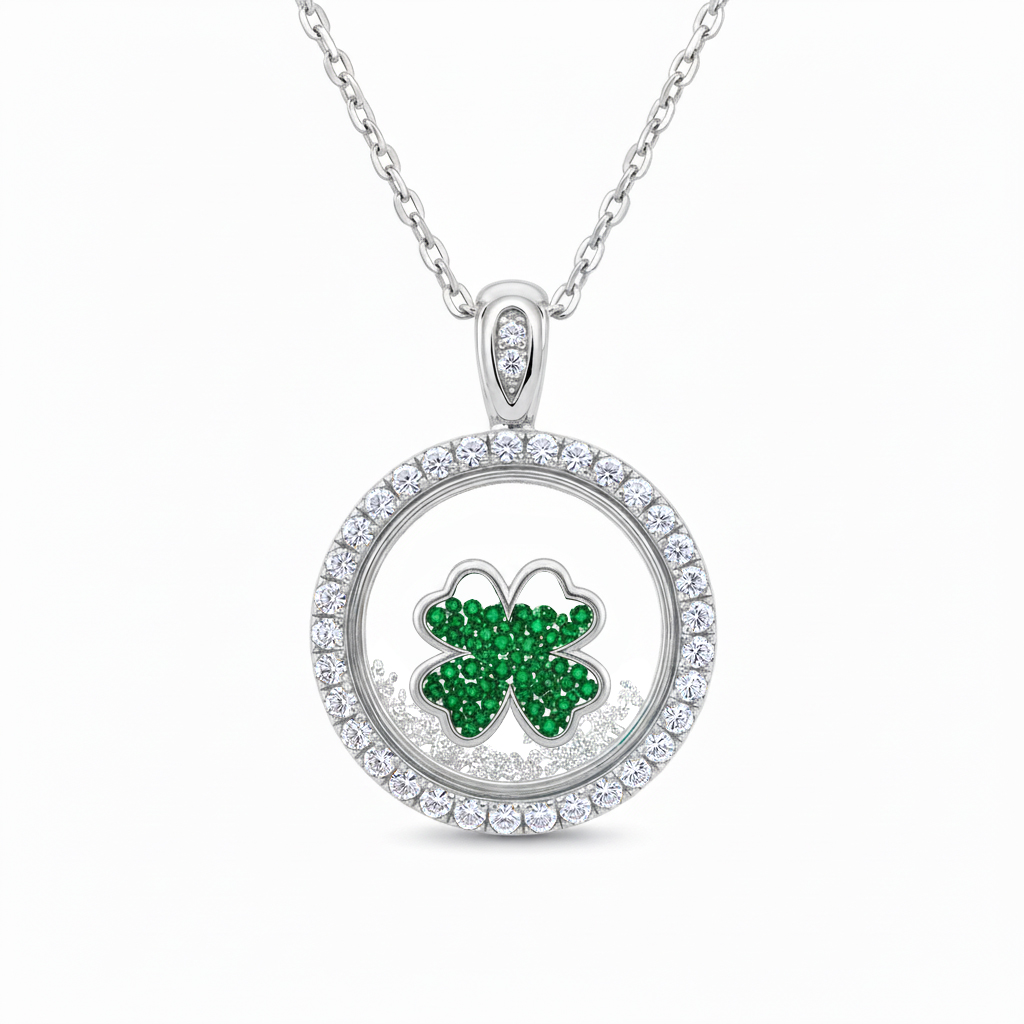 S925 Silver Round Shape Green Clover Dancing Diamonds Pendent Necklace