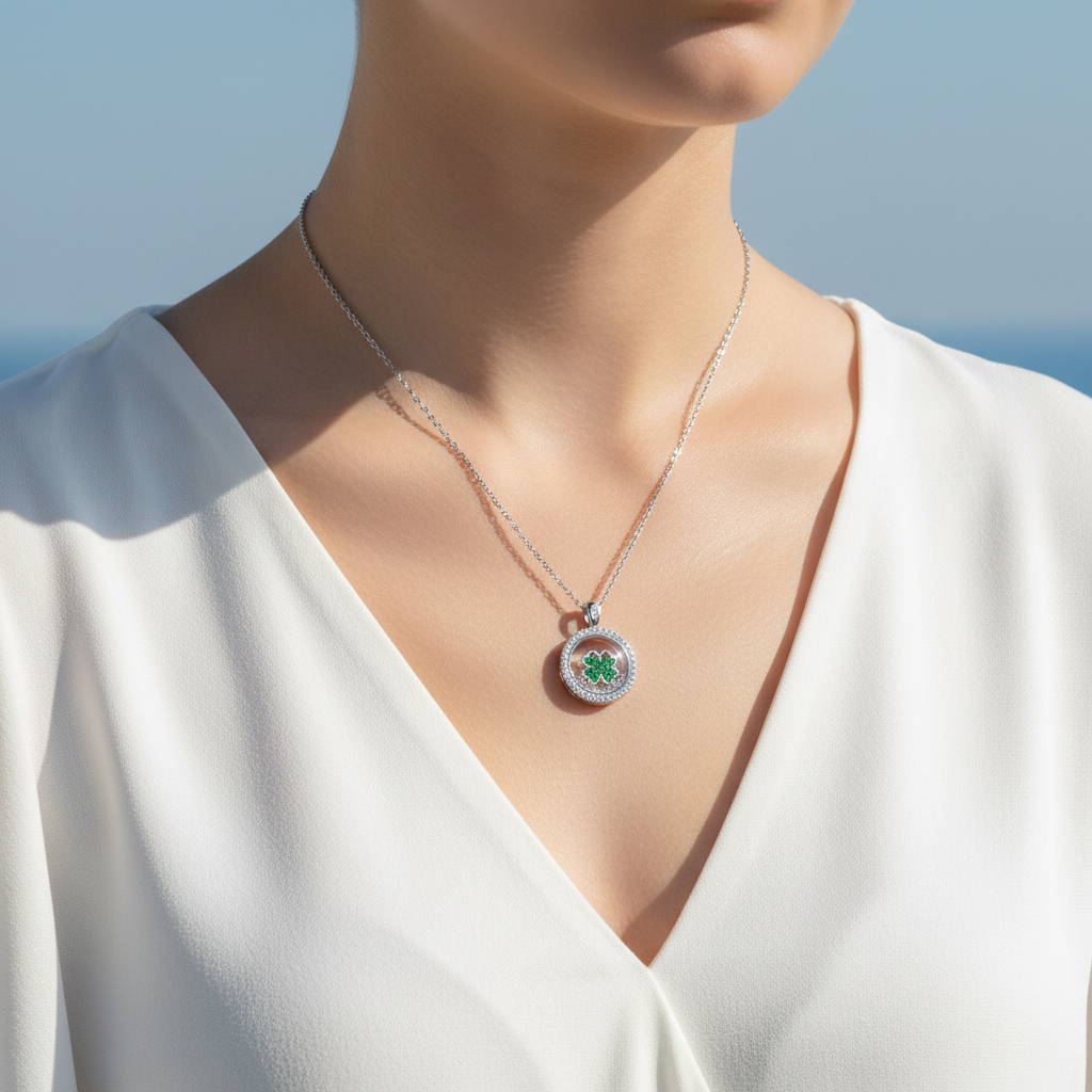 S925 Silver Round Shape Green Clover Dancing Diamonds Pendent Necklace
