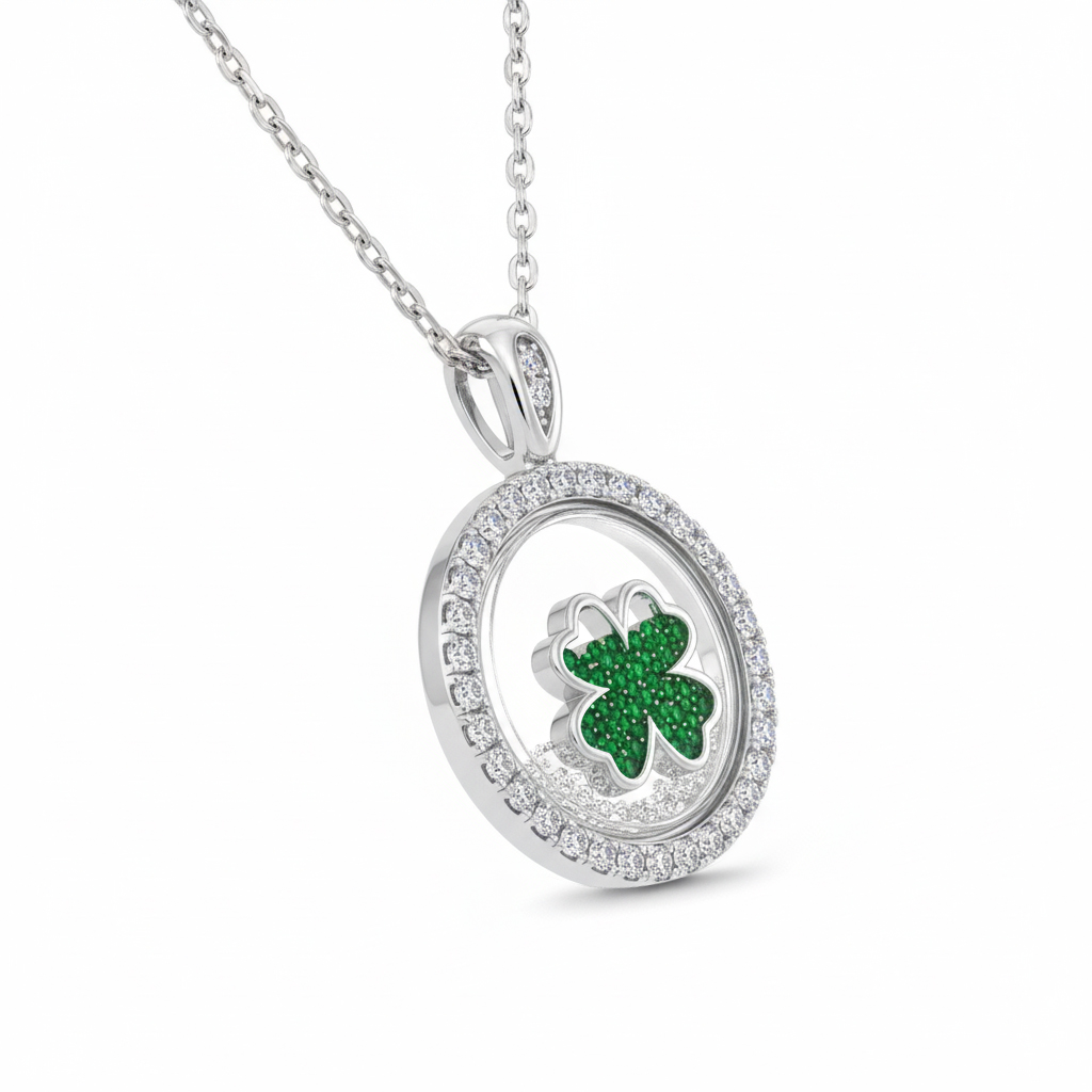 S925 Silver Round Shape Green Clover Dancing Diamonds Pendent Necklace